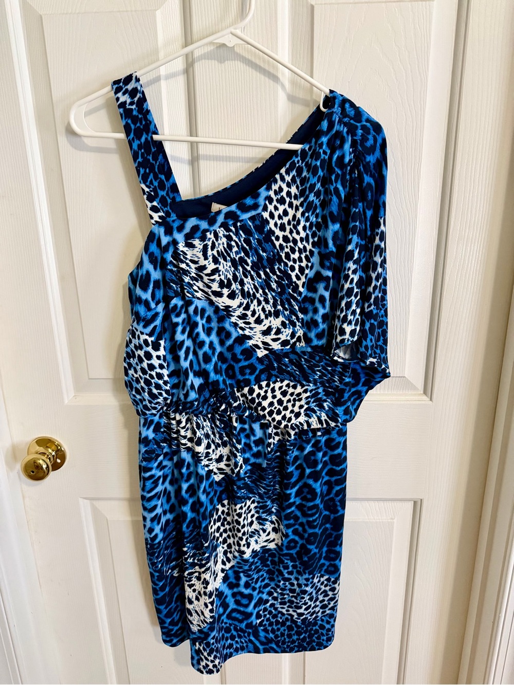 One-Shoulder Blue Animal Print Dress